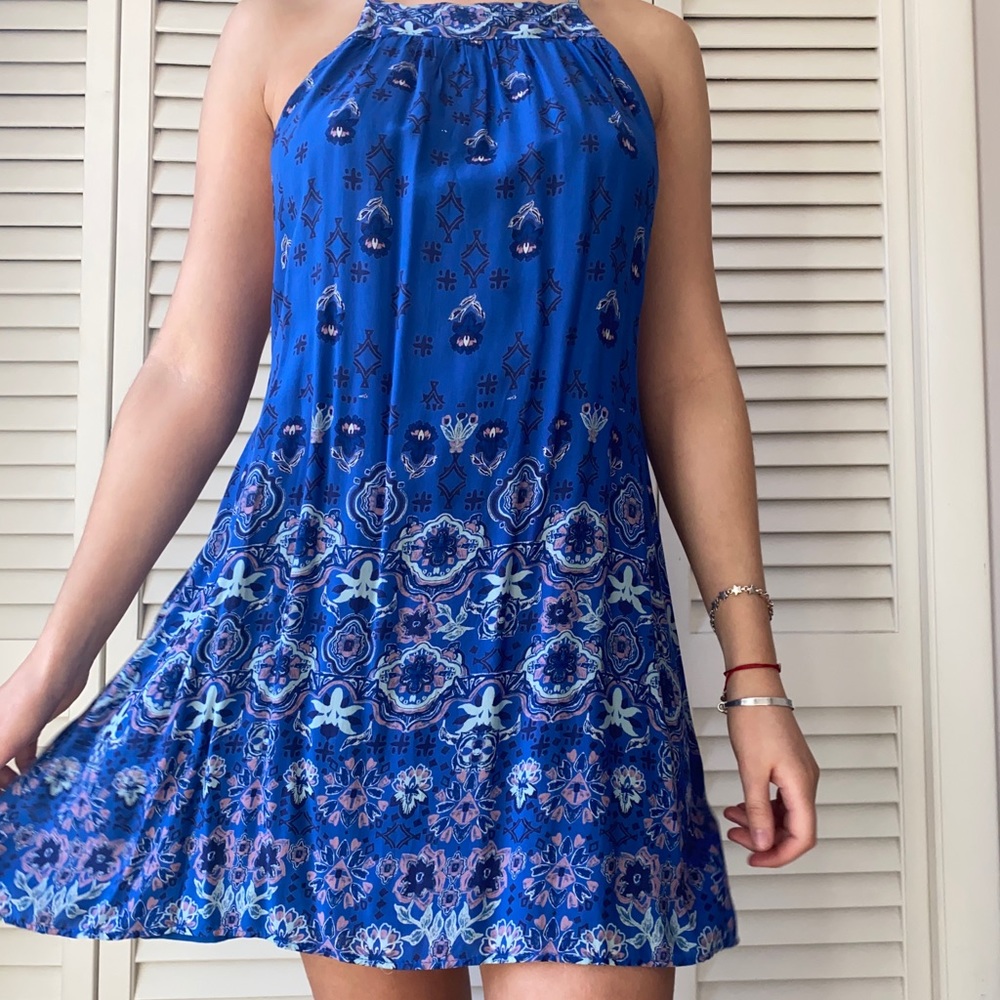 ECOTE UO blue printed boho backless dress